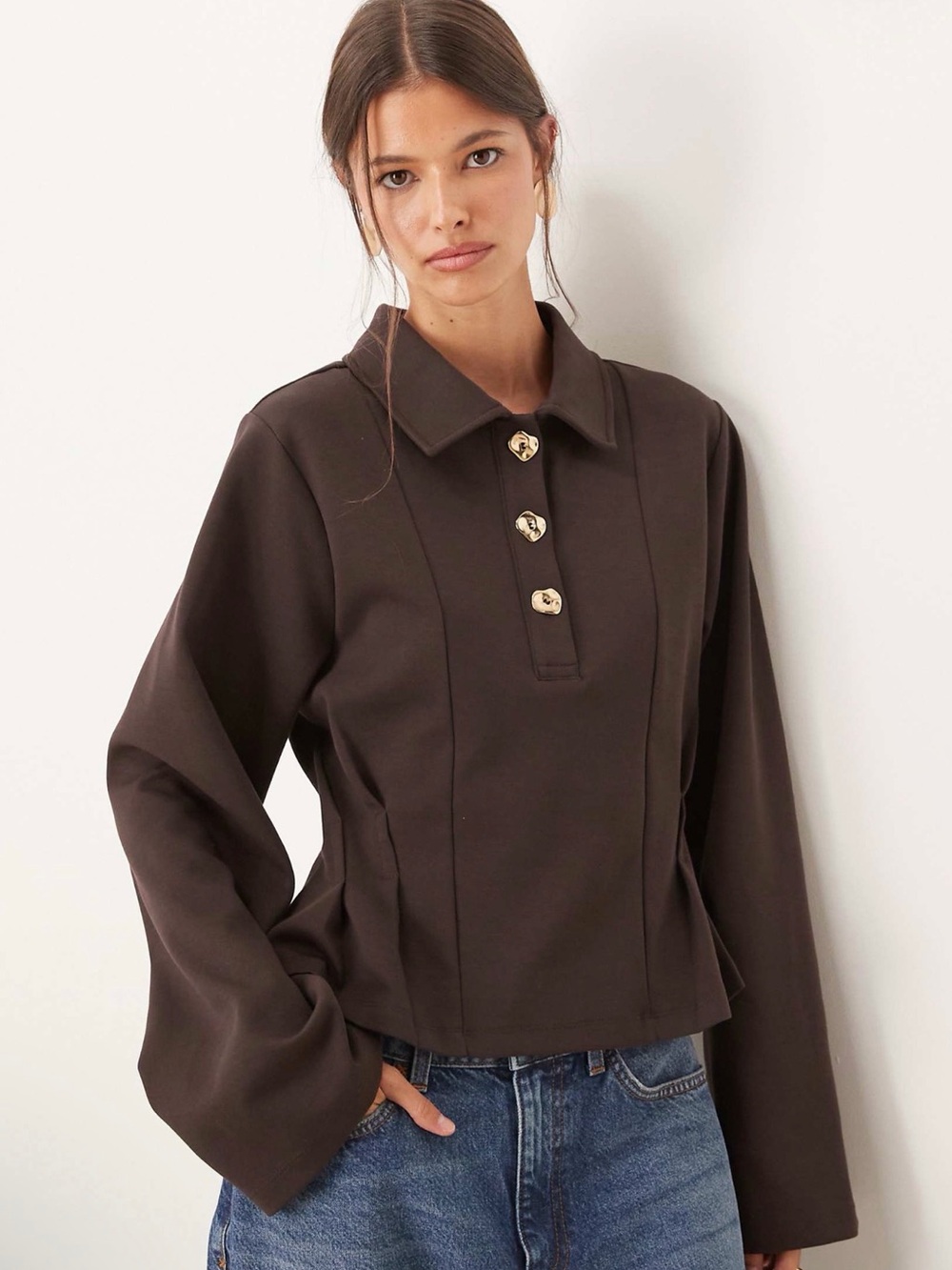 ASOS DESIGN - Long Sleeve Hardware Detail Corset Seam Top in Chocolate